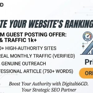 Digital66GD promotional banner for DA 30+ guest posting service with 1k+ monthly traffic and $35 pricing, including 750 words professional article and genuine outreach.